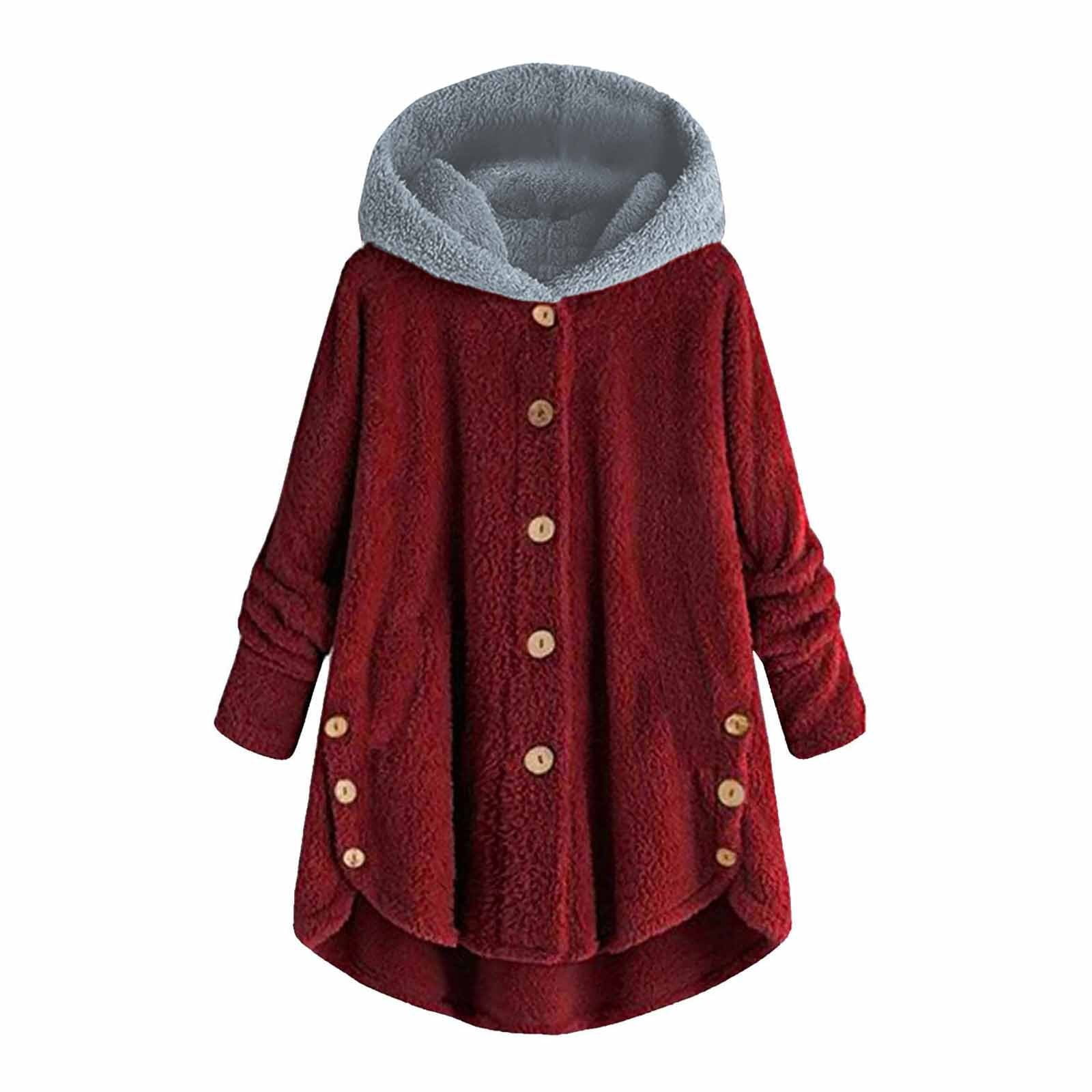 Women Plus Size Button Plush Tops Hooded Loose Cardigan Wool Coat Winter Jacket Double Wool Long Trench Coat Women August Silk Cardigans for Women Long for Women Cardigans Womens Button up