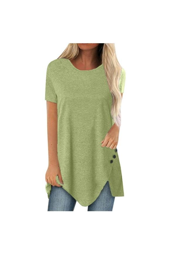 Women Plus Size Button Solid Color Round Neck Short Sleeve T-shirt Blouse, Casual Loose Fit with Irregular Hem, Comfortable and Stylish Everyday Top for Plus-Size Women, Available in Sizes L-5X