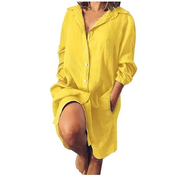 Women Plus Size Button Up Linen Shirt Dress Comfortable Loose Beach Cover Ups Long Sleeve Dress with Pockets