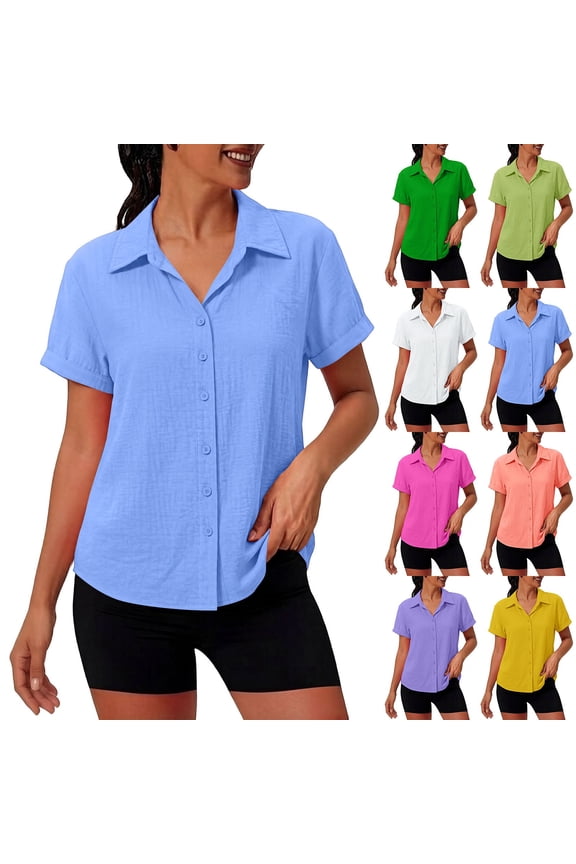 Women Plus Size Button down Short Sleeve Collared Shirts Summer Breathable Blouse Casual Tops by Yigetop Blue L