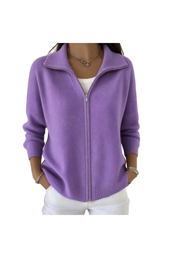 Women Plus Size Cardigan Sweater Loose Zip Up Sweater Collared Long Sleeve Solid Color Fall Casual Outerwear Purple 3XL
