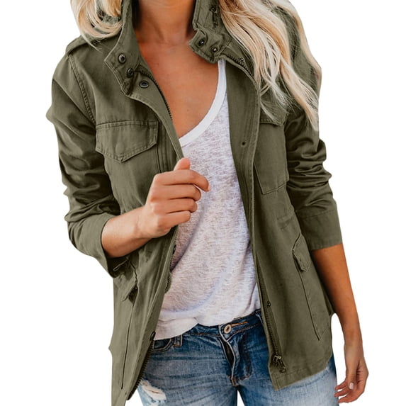 Women Plus Size Cargo Jacket Zip Up Pocket Casual Fall Coat,Army Green,2XL