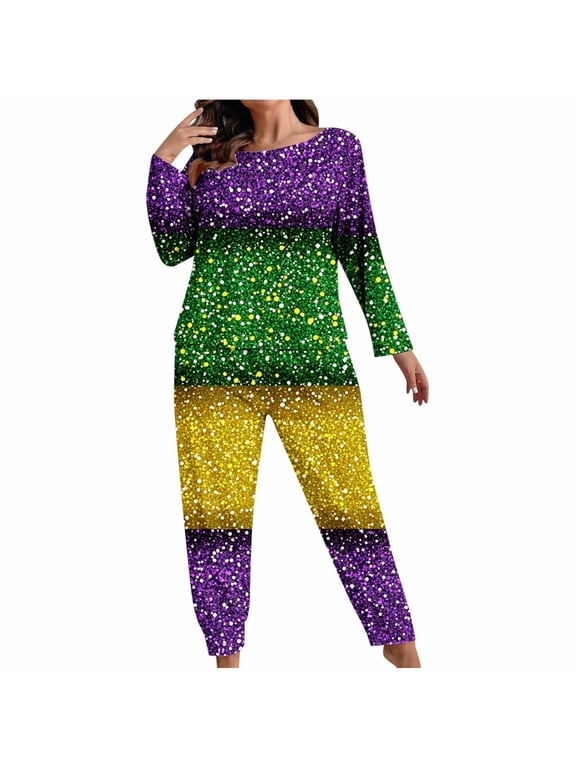 Women Plus Size Carnival Pajamas Set Sparkly Sequined Outfits Crew Neck Long Sleeve Shirts with Long Pants Mardi Gras Parnival Loungewear Sleepwear Casual Trendy Pjs Green XXXXXL