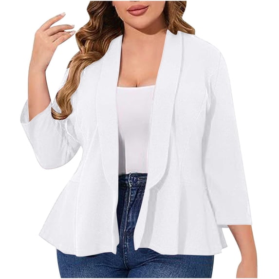 Women Plus Size Casual Blazer 3/4 Sleeve Open Front Work Office Cardigan Jackets Slim Fit Lightweight Formal Blazers