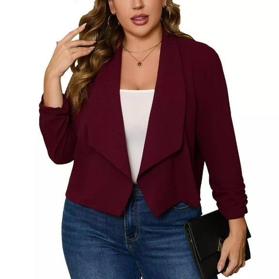 Women Plus Size Casual Blazer Open Front 3/4 Gathered Sleeve Work Office Business Cardigan Jackets