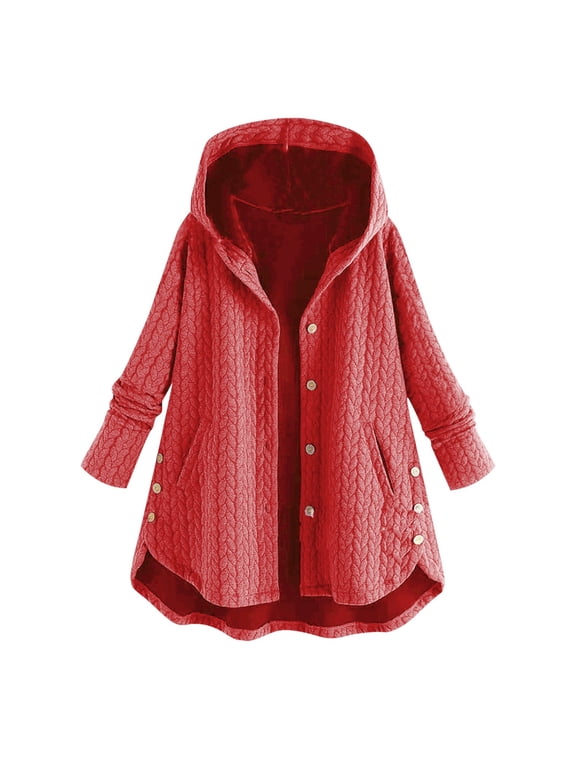 Women Plus Size Casual Button Pockets High Low Long Sleeve Hooded Coat Long Falls Jacket Zip up Warm Sweaters for Women Women's Jackets Cardigan Jacket Women Hood Womens Light Jacket Olive Coats for