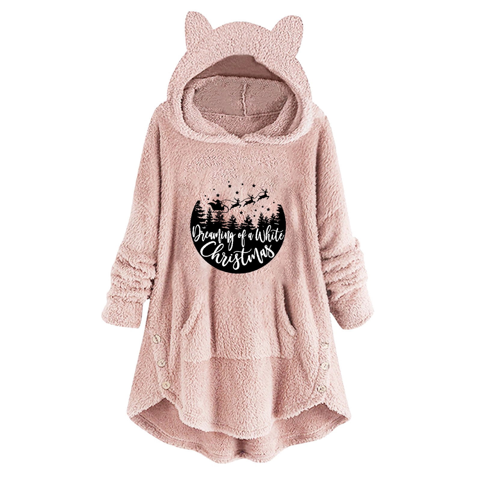 Women Plus Size Casual Fleece Tunic Hoodie with Pocket Cute Print Fuzzy Hooded  Sweatshirt Pullover Long Outwear - Walmart.com