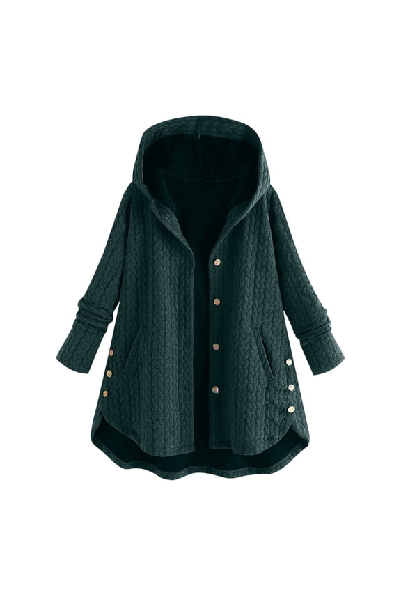 Women Plus Size Casual Hooded Jacket High Low Button Front Coat with Long Sleeves and Pockets