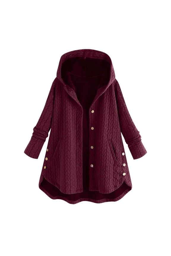 Women Plus Size Casual Hooded Jacket High Low Button Front Coat with Long Sleeves and Pockets