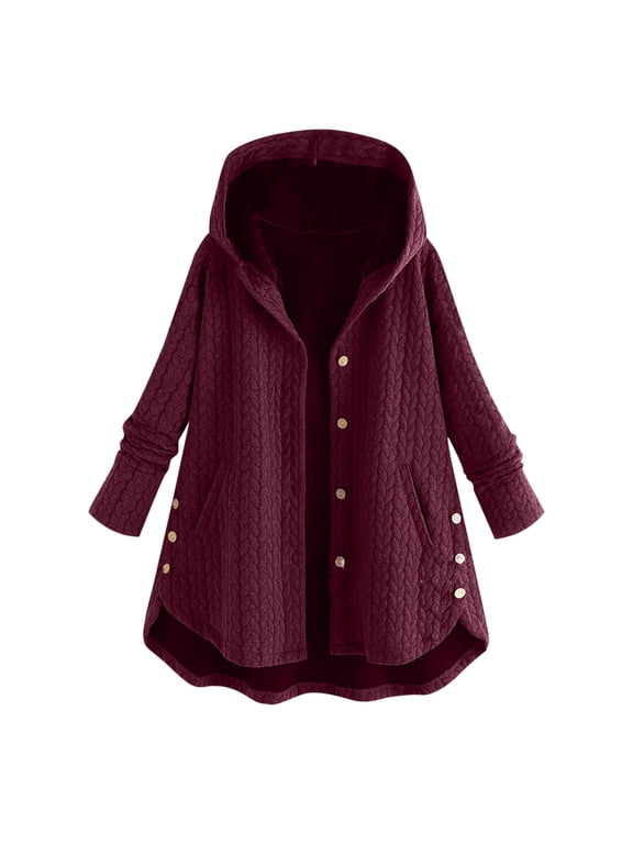 Women Plus Size Casual Hooded Jacket High Low Button Front Coat with Long Sleeves and Pockets