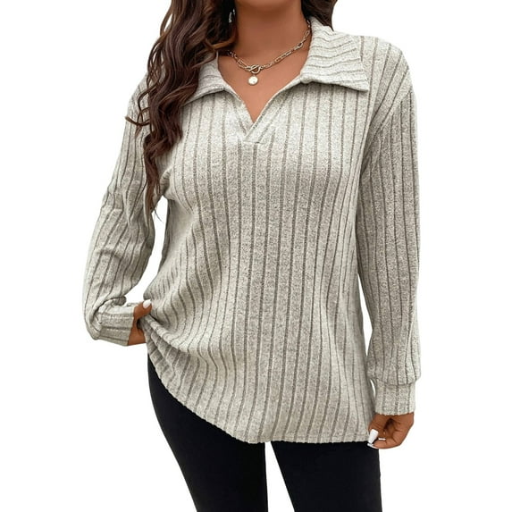 Women Plus Size Casual Knit Sweater Lapel V Neck Solid Color Tops Light-Weight Long Sleeve Blouses XXXL