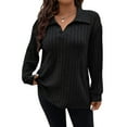 thumbnail image 1 of Women Plus Size Casual Knit Sweater Lapel V Neck Solid Color Tops Light-Weight Long Sleeve Blouses Black XXL, 1 of 9