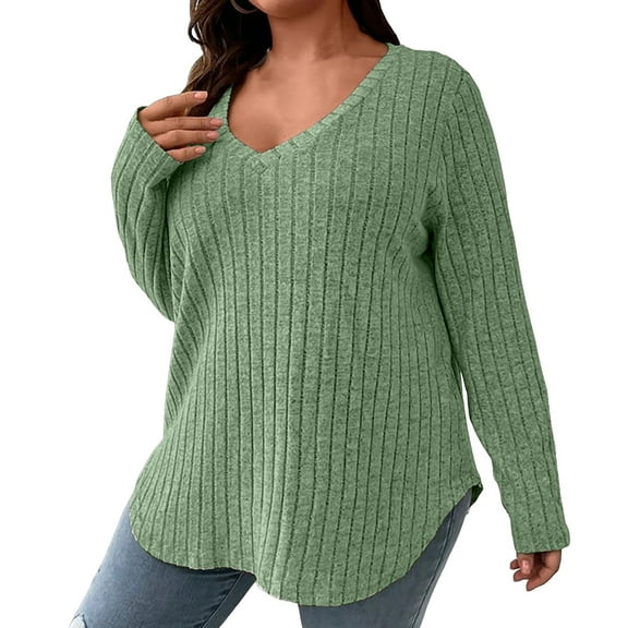 Women Plus Size Casual Knit Sweater V Neck Solid Color Tops Lightweight Long Sleeve Blouses