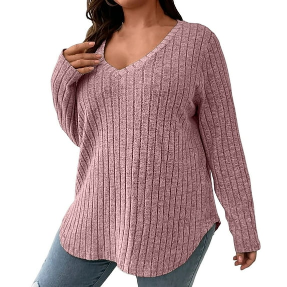 Women Plus Size Casual Knit Sweater V Neck Solid Color Tops Lightweight Long Sleeve Blouses