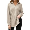 thumbnail image 1 of Women Plus Size Casual Sweaters Long Sleeve Solid Lapel V-Neck Ribbed Knit Tops Trendy Side Slit Loose Fit Pullover Shirts, 1 of 4