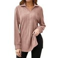 thumbnail image 1 of Women Plus Size Casual Sweaters Long Sleeve Solid Lapel V-Neck Ribbed Knit Tops Trendy Side Slit Loose Fit Pullover Shirts, 1 of 4