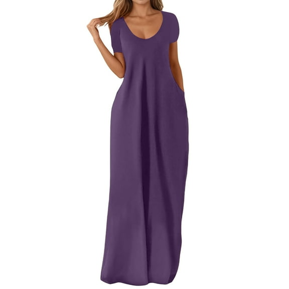 Women Plus Size Casual V Neck Long Dress Summer Loose Fit Maxi T Shirt Style with Pockets Comfortable Flowy Womens Casual Trendy Midi Dresses