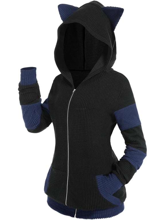 Women Plus Size Cat Ear Ribbed Hooded Blouson Jacket Animal Ear Two Tone Cute Hoodie Cat Ear Sweatshirt Long Sleeve Hoodie Pullover Hooded Tops,Blue,S