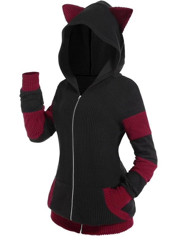 Women Plus Size Cat Ear Ribbed Hooded Blouson Jacket Animal Ear Two Tone Cute Hoodie Cat Ear Sweatshirt Long Sleeve Hoodie Pullover Hooded Tops,Dark Red,L