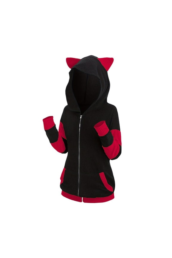 Women Plus Size Cat Ear Ribbed Hooded Blouson Jacket Animal Ear Two Tone Cute Hoodie Cat Ear Sweatshirt Long Sleeve Hoodie Pullover Hooded Tops,Red,M