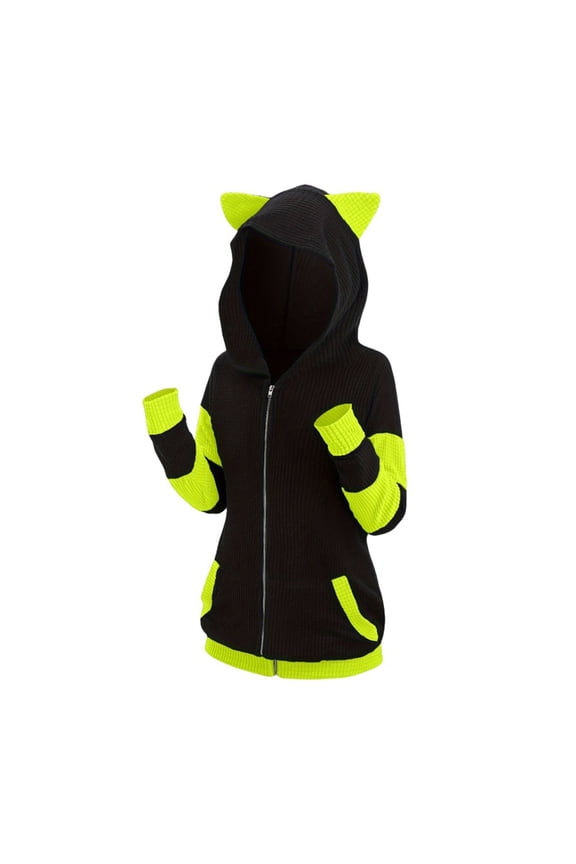 Women Plus Size Cat Ear Ribbed Hooded Blouson Jacket Animal Ear Two Tone Cute Hoodie Cat Ear Sweatshirt Long Sleeve Hoodie Pullover Hooded Tops,Yellow,L