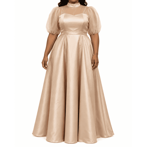 Women Plus Size Champagne Satin High Neck Sheer Mesh Puff Sleeve A Line ...