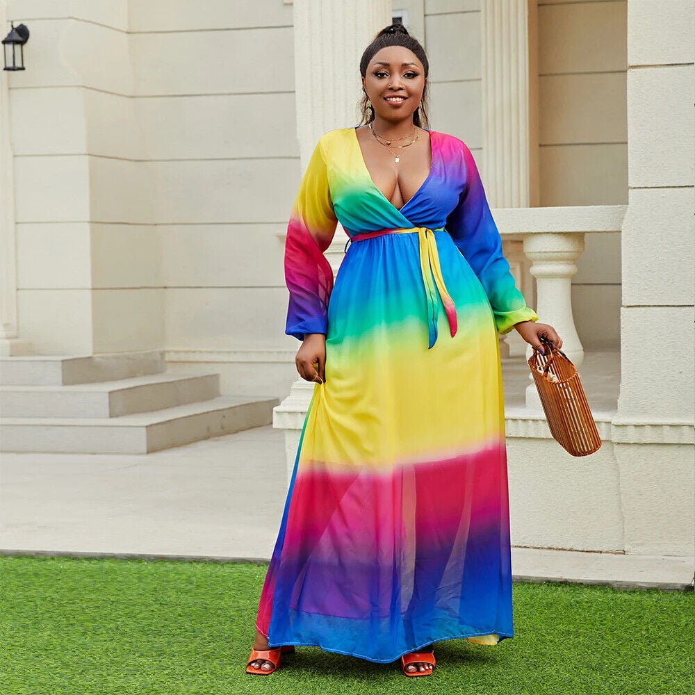 Women Plus Size Chiffon Deep V-Neck Floral Summer Rainbow Beach Long Maxi  Dress - Walmart.com
