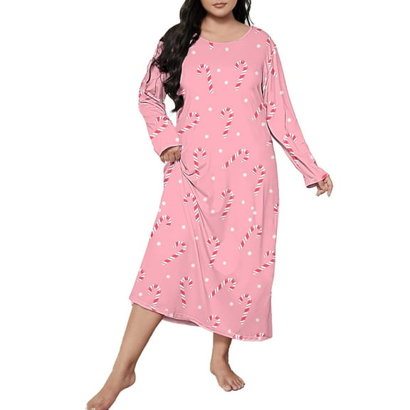 Women Plus Size Christmas Bow Print Long Sleeve Pajamas Loose Nightdress Women's Sleepwear nightgown Pink XXL