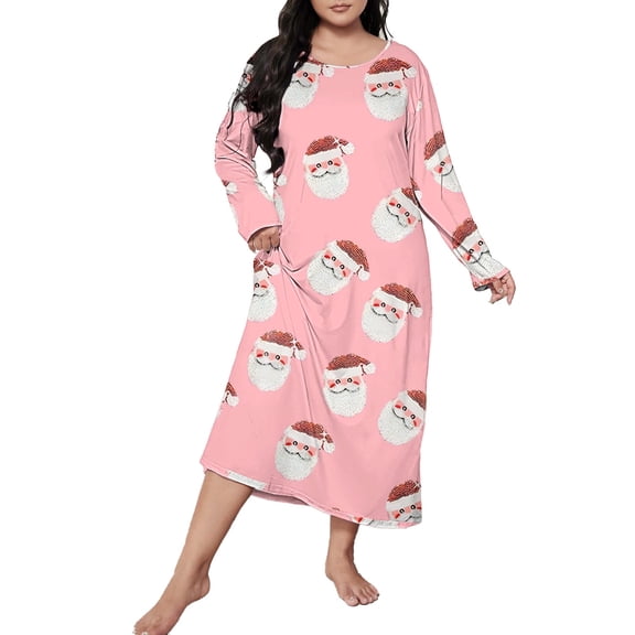 Women Plus Size Christmas Bow Print Long Sleeve Pajamas Loose Nightdress Women's Sleepwear women's nightgowns & sleepshirts Watermelon Red XXXL