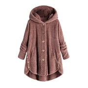 CLESALE Women Plus Size Coat Winter Coat for Women 2023 Button up Plush Tops Long Sleeve Loose Hooded Split Active Fit Cardigan Wool Coat Winter Jacket（Pink,S）