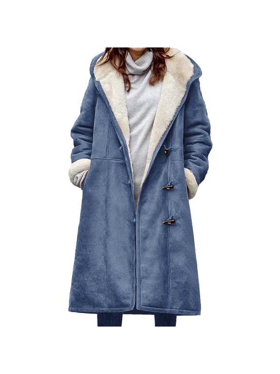 Women Plus Size Coats with Hood Women Winter Warm Composite Plush Button Lapels Jacket Outwear Coat