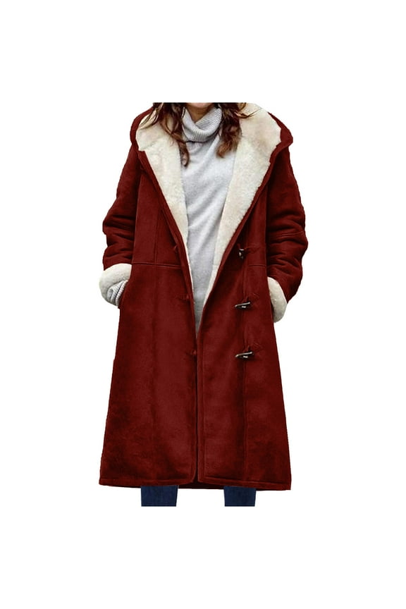 Women Plus Size Coats with Hood Women Winter Warm Composite Plush Button Lapels Jacket Outwear Coat