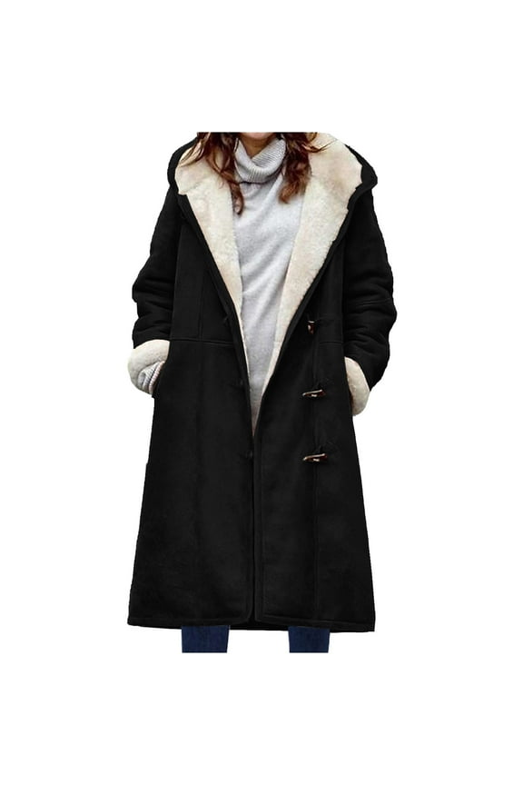 Women Plus Size Coats with Hood Women Winter Warm Composite Plush Button Lapels Jacket Outwear Coat