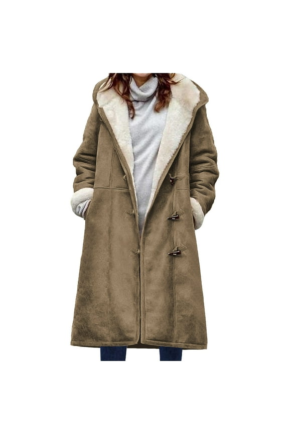 Women Plus Size Coats with Hood Women Winter Warm Composite Plush Button Lapels Jacket Outwear Coat