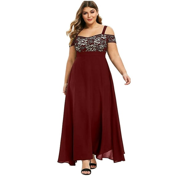 Women Plus Size Cocktail Formal Dress Cold Shoulder Lace Party Evening Chiffon Long Maxi Dress with Sleeves (3XL, Wine)