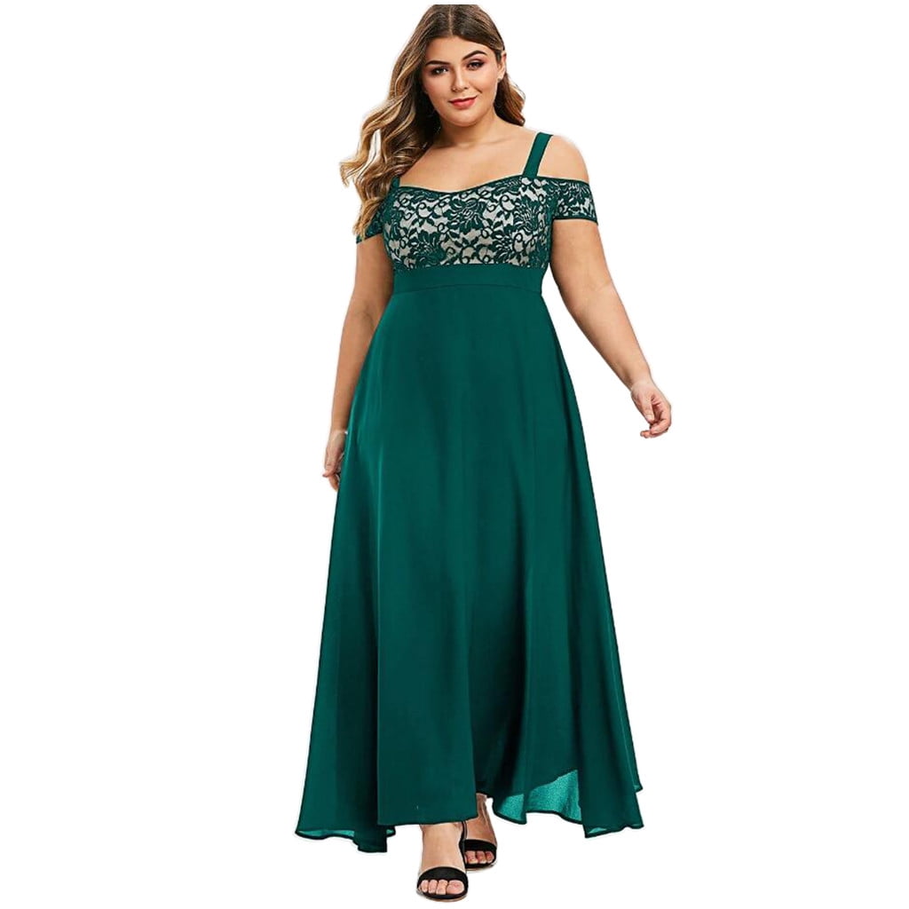 Women Plus Size Cocktail Formal Dress Cold Shoulder Lace Party Evening Chiffon Long Maxi Dress with Sleeves 4X Large Green