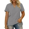 thumbnail image 1 of Women Plus Size Collared Shirts V Neck Summer Dressy Casual Blouses Loose Athletic Polos Cozy Pullover Tops Gray, 5XL, 1 of 6