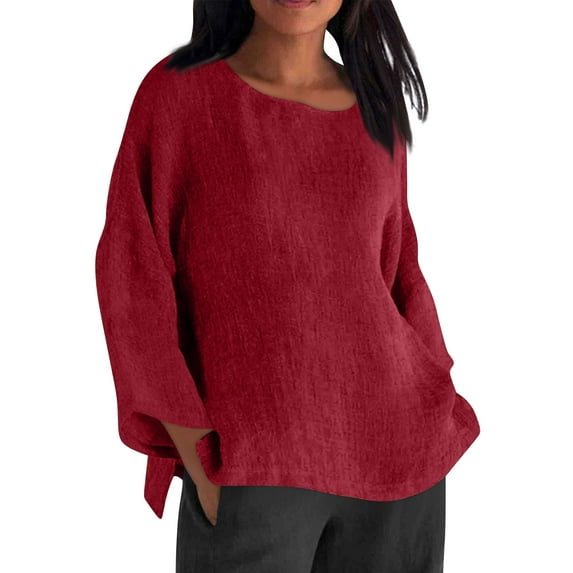 Women Plus Size Cotton Linen Blouse Round Neck Loose Fit Pullover Tunic Tops 2025 Trendy Casual Shirts Solid Color