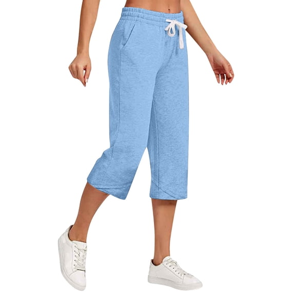 Women Plus Size Cotton Linen Pants Summer Casual Loose Straight Leg Capris Elastic Waist Drawstring Beach Trouser with Pockets New Light Blue L