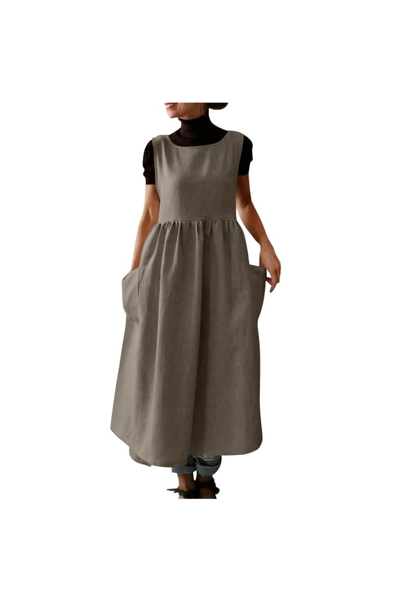 Women Plus Size Cotton Linen Vintage Side Slit Lace up Apron Pinafore Dress with Pockets S-2XL Coffee