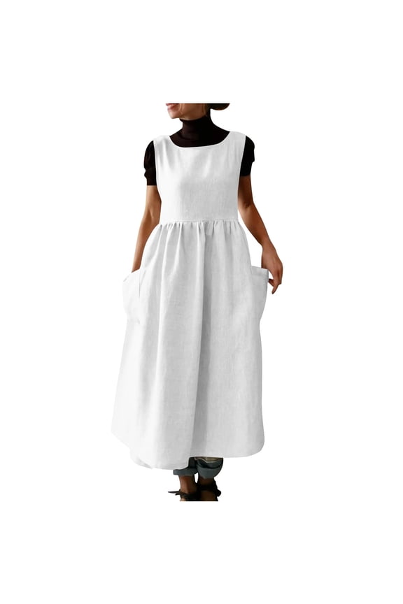 Women Plus Size Cotton Linen Vintage Side Slit Lace up Apron Pinafore Dress with Pockets S-2XL White