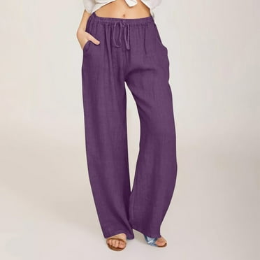 Women Plus Size Cotton Linen Wide Leg Pants Casual Loose Fit Elastic High Waist Drawstring Palazzo Pants Trousers Womens Clothes
