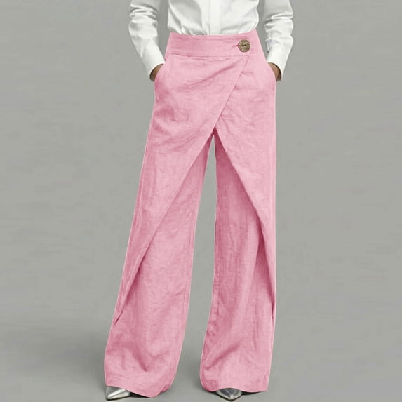 Women Plus Size Cotton Linen Wide Leg Pants High Waisted High Elastic Button Casual Straight Leg Pants