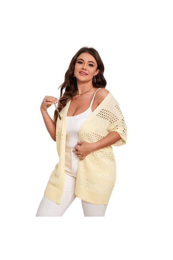 Women Plus Size Crochet Short Sleeve Cardigan, Open Front Summer Knit Cover-Up