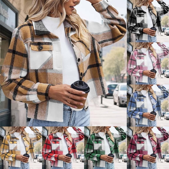 Women Plus Size Cropped Plaid Jacket Button Down Casual Classic Lapel Collar Jacket Checkered Long Sleeve Coat with Chest Pockets,XL,Yellow