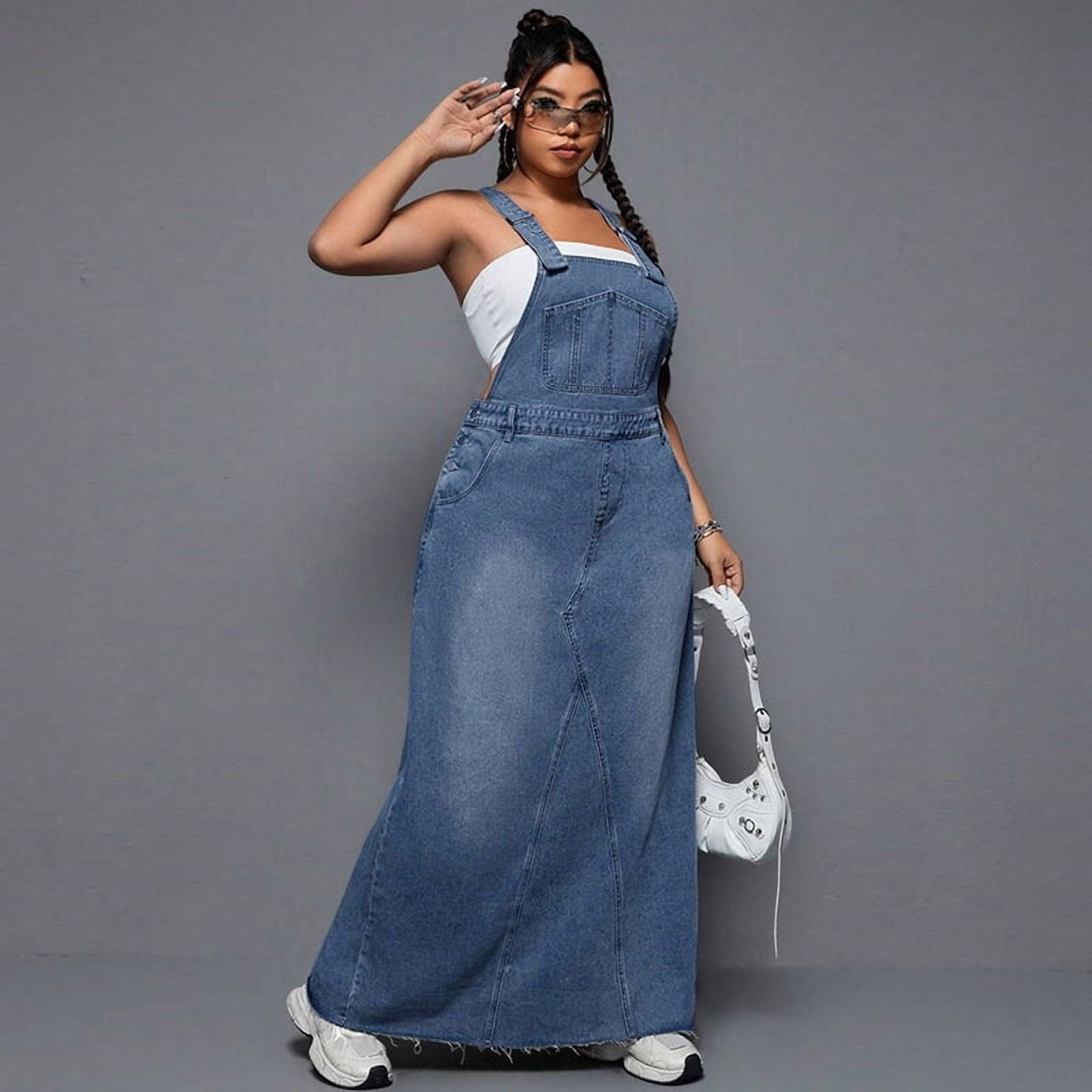 plus size denim jumper dress Women's Plus Size Jeans Dress Adjustable Strap Back Suspender Raw Hem Curvy Denim Overall