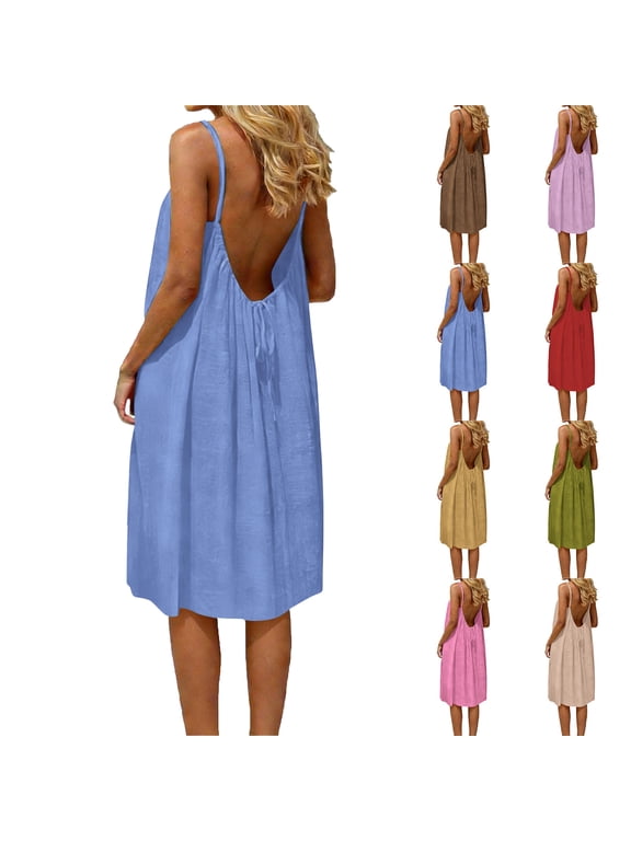 Women Plus Size Dress Fashion Women Summer Round-Neck Casual Solid Sleeveless Sleepshirts Sling Backless Dress Blue Xl