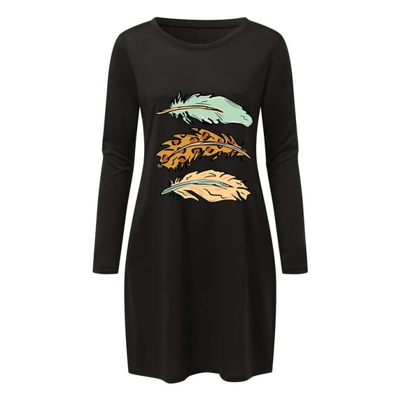 Women Plus Size Dress Ladies casual feather print long-sleeved raglan color block dress Round Neck Dress Knitted Waist Dress Swing Cocktail Party Dresses Basic Midi Club Dress