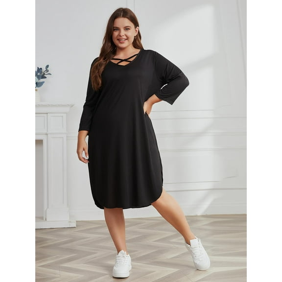 Women Plus Size Dress Soft V Neck Short Sleeve Dress with Elastic Fashion Oversize Short Dress Black
