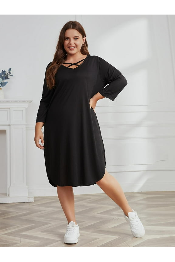 Women Plus Size Dress Soft V Neck Short Sleeve Dress with Elastic Fashion Oversize Short Dress Black